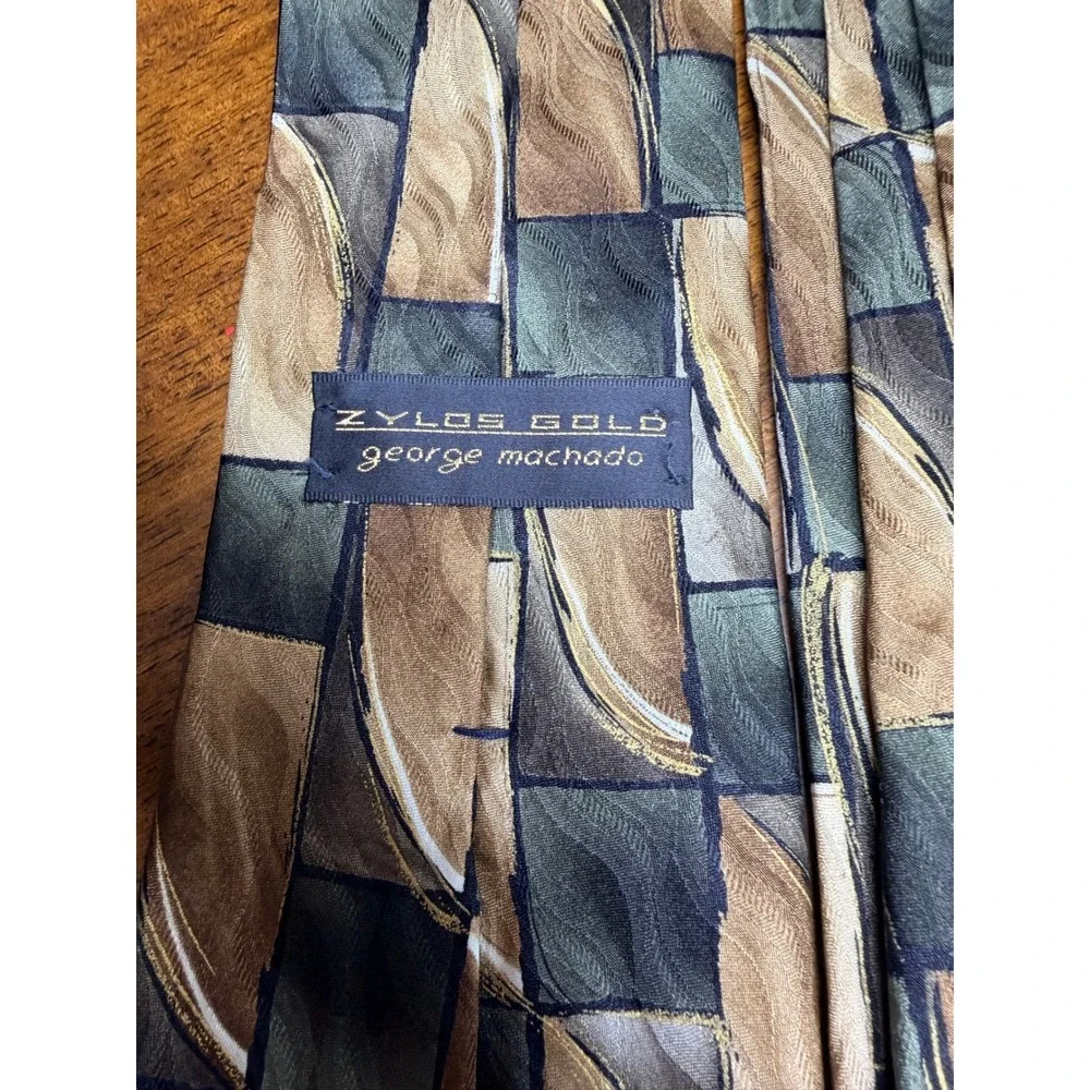 Zylos Gold George Machado Tie Mens OS Green Tan Silk Geometric Abstract